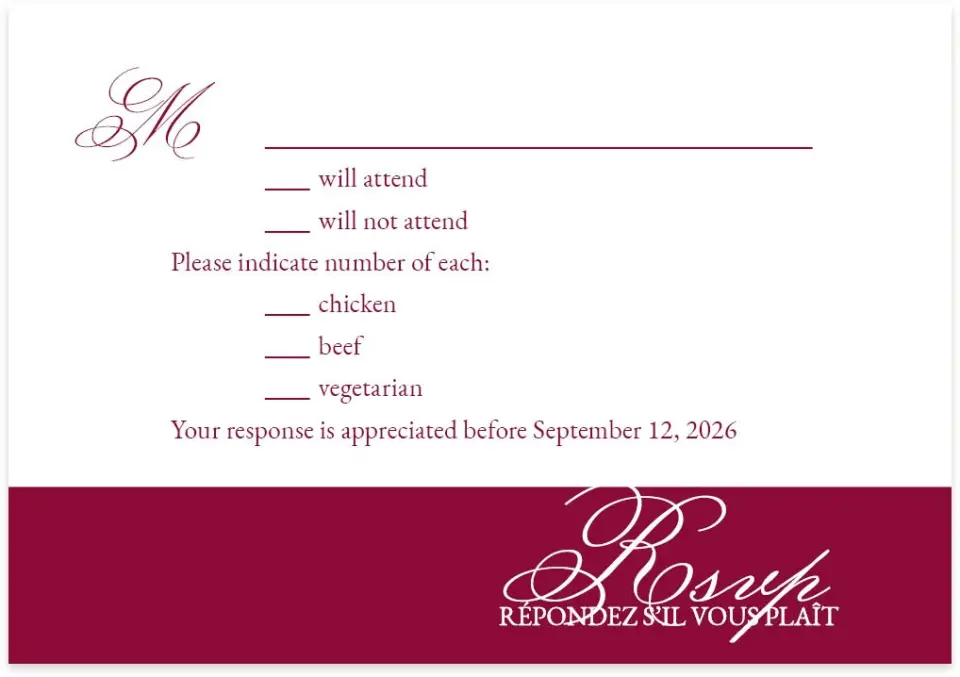 This is a 5" x 3½" Wedding Invitation RSVP Postcard called Forever Yours printed in full color with Silver foil on Luxe Satin (coated) paper