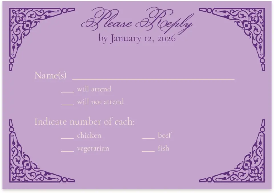 This is a 5" x 3½" Wedding Invitation RSVP Postcard called Simple Tradition printed in full color on Premium Smooth paper