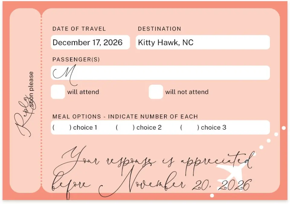This is a 5" x 3½" Wedding Invitation RSVP Postcard called Love Airways printed in full color on Premium Smooth paper