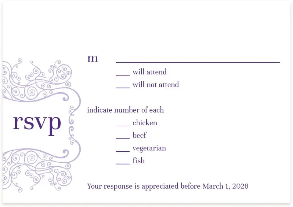 This is a 5" x 3½" Wedding Invitation RSVP Postcard called Charming Lavender printed in full color on Premium Smooth paper