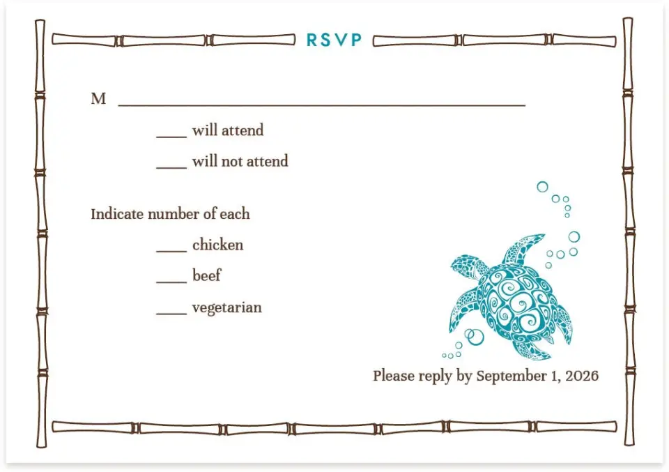 This is a 5" x 3½" Wedding Invitation RSVP Postcard called Hawaiian Turtle printed in full color on Premium Smooth paper