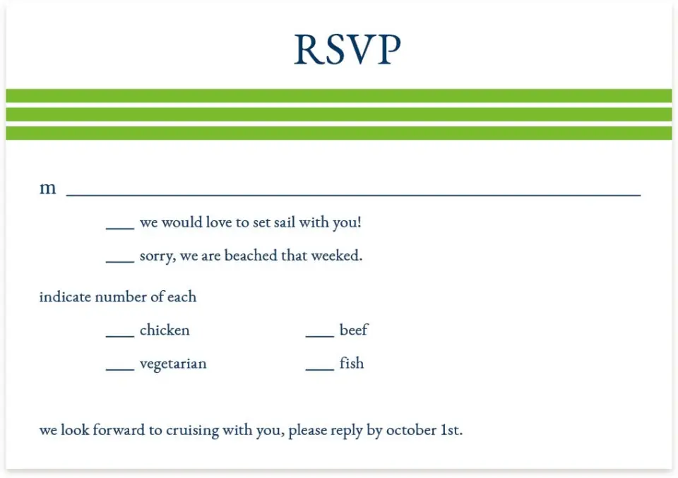 This is a 5" x 3½" Wedding Invitation RSVP Postcard called Harmony Cruise printed in full color on Premium Smooth paper