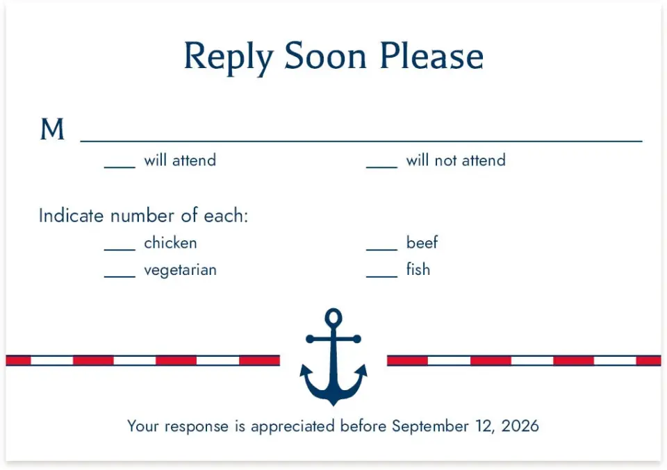 This is a 5" x 3½" Wedding Invitation RSVP Postcard called Nautical Feelings printed in full color on Premium Smooth paper