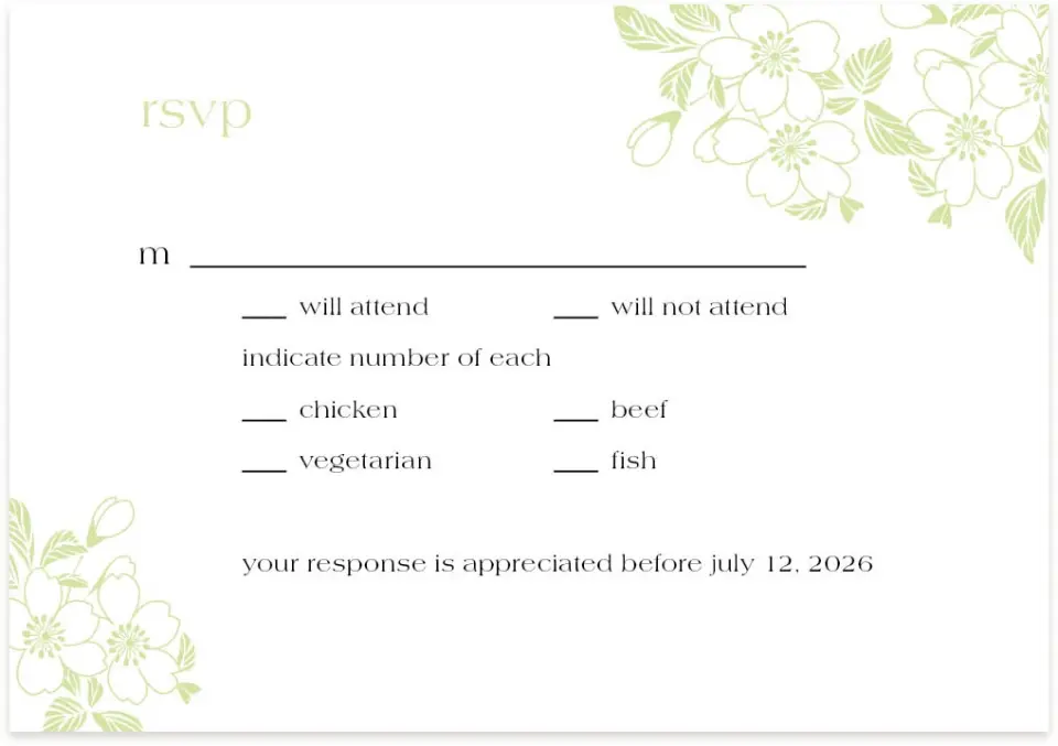 This is a 5" x 3½" Wedding Invitation RSVP Postcard called Lovely Blossoms printed in full color with Gold foil on Premium Smooth paper