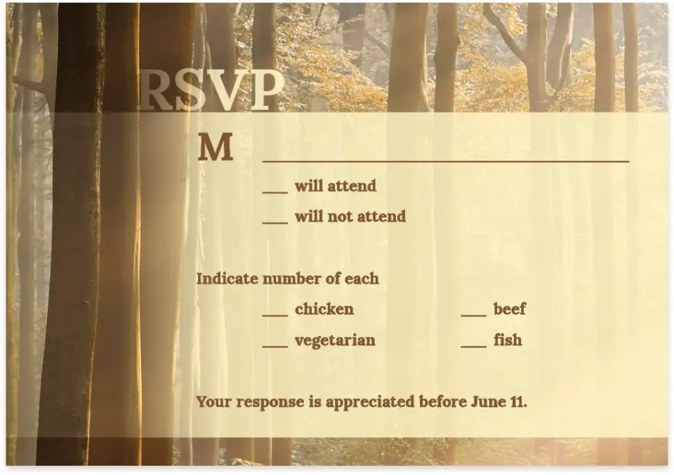 This is a 5" x 3½" Wedding Invitation RSVP Postcard called Carved in Love - Autumn printed in full color on Premium Smooth paper