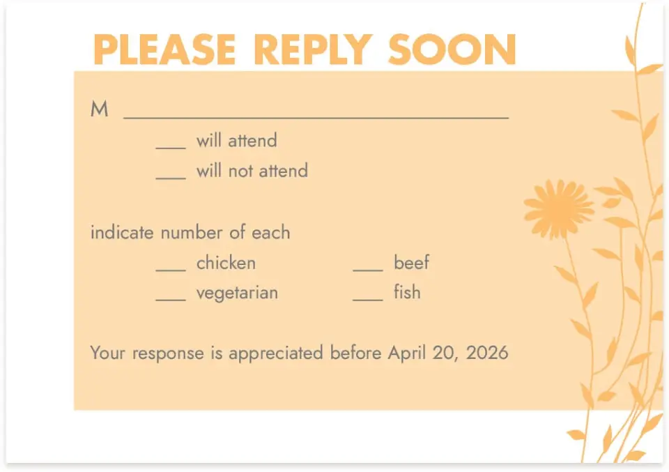 This is a 5" x 3½" Wedding Invitation RSVP Postcard called Field of Love printed in full color on Premium Smooth paper