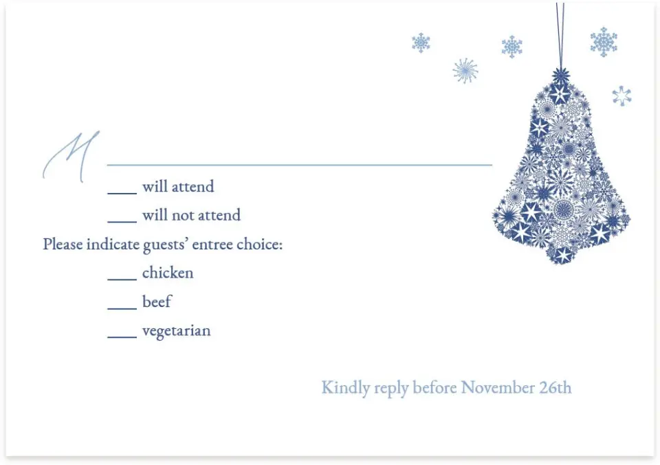 This is a 5" x 3½" Wedding Invitation RSVP Postcard called Christmas Bell printed in full color on Premium Smooth paper