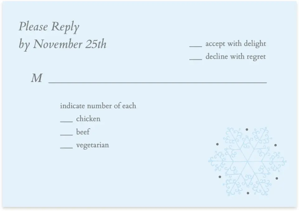 This is a 5" x 3½" Wedding Invitation RSVP Postcard called Seasonal Snowflake printed in full color on Premium Smooth paper