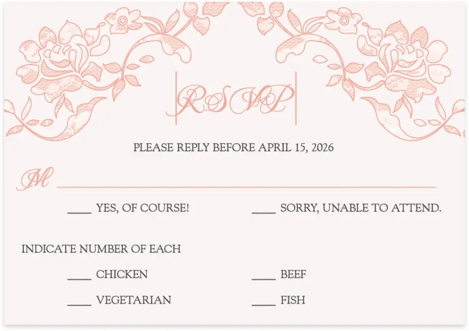 This is a 5" x 3½" Wedding Invitation RSVP Postcard called Vintage Applique printed in full color on Premium Smooth paper