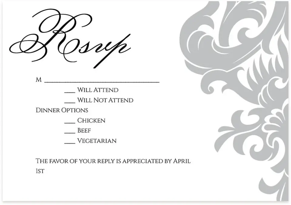 This is a 5" x 3½" Wedding Invitation RSVP Postcard called Damask Elegance printed in full color on Premium Smooth paper