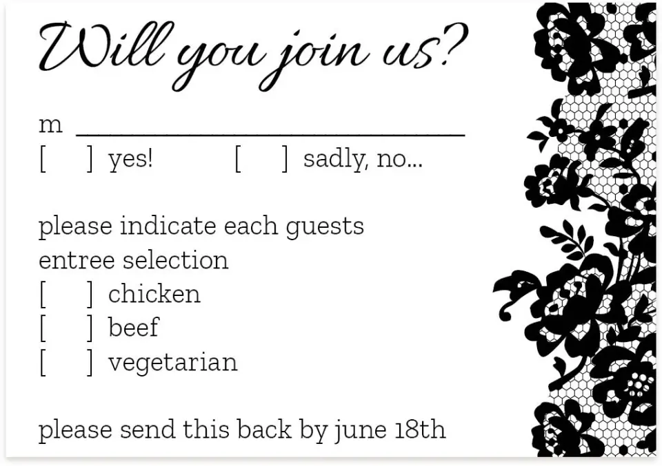This is a 5" x 3½" Wedding Invitation RSVP Postcard called Floral Lace printed in full color on Premium Smooth paper