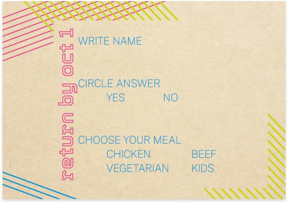 This is a 5" x 3½" Wedding Invitation RSVP Postcard called Flirty Neon printed in full color on Premium Smooth paper