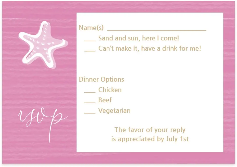 This is a 5" x 3½" Wedding Invitation RSVP Postcard called Salty Kisses printed in full color on Premium Smooth paper