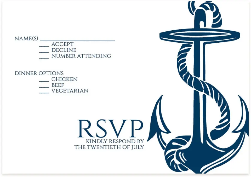 This is a 5" x 3½" Wedding Invitation RSVP Postcard called Love's Anchor printed in full color on Premium Smooth paper