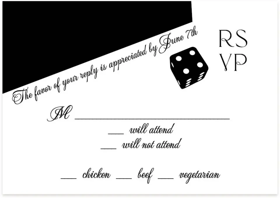 This is a 5" x 3½" Wedding Invitation RSVP Postcard called Upscale Vegas printed in full color on Premium Smooth paper