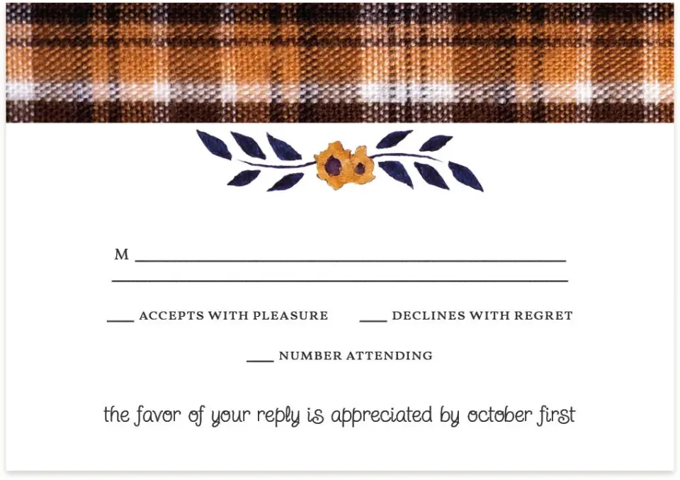 This is a 5" x 3½" Wedding Invitation RSVP Postcard called Perfectly Plaid printed in full color on Premium Smooth paper