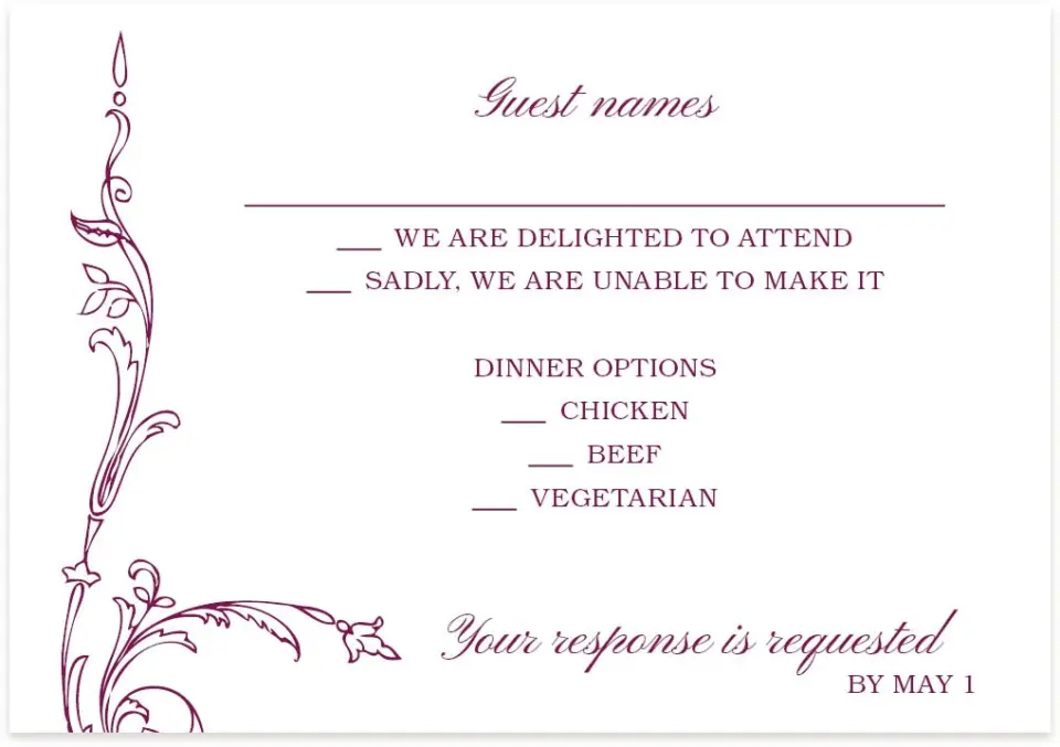 This is a 5" x 3½" Wedding Invitation RSVP Postcard called Regal Romance printed in full color on Premium Smooth paper