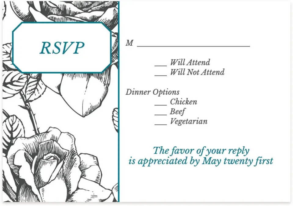 This is a 5" x 3½" Wedding Invitation RSVP Postcard called Vintage Botanicals printed in full color on Premium Smooth paper
