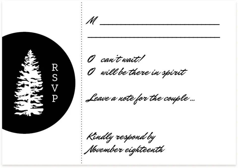 This is a 5" x 3½" Wedding Invitation RSVP Postcard called Splendid Pines printed in full color on Premium Smooth paper