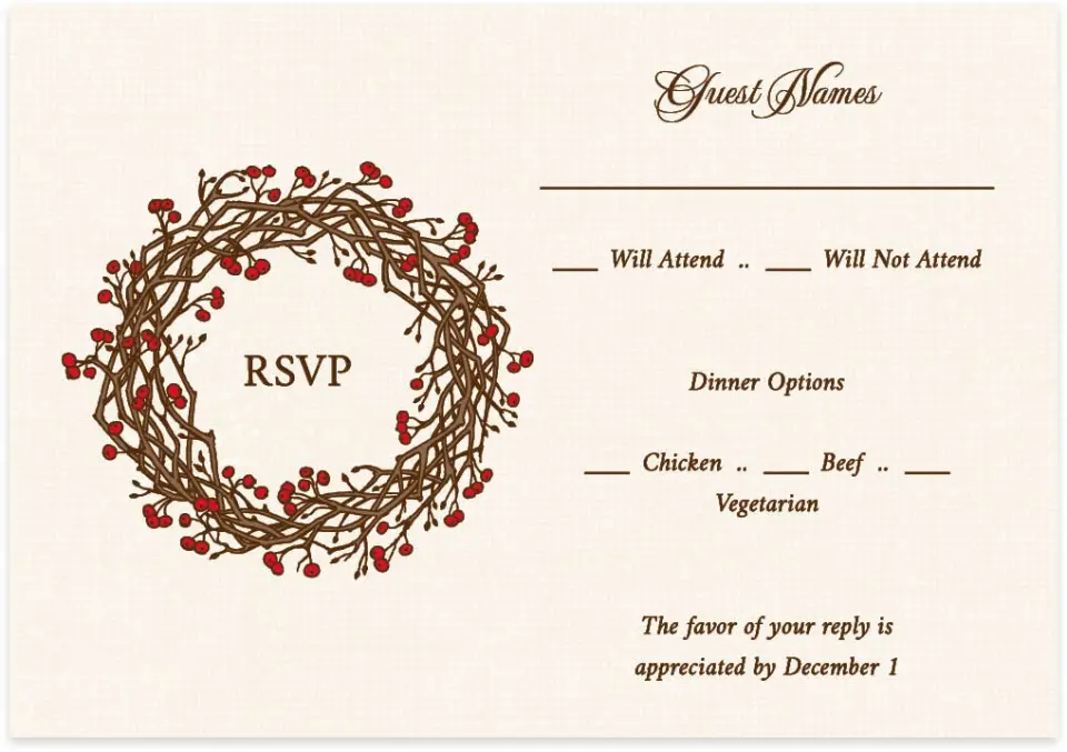 This is a 5" x 3½" Wedding Invitation RSVP Postcard called Winter Berries printed in full color on Premium Smooth paper