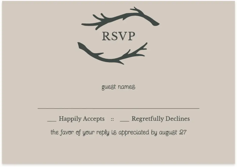 This is a 5" x 3½" Wedding Invitation RSVP Postcard called Rustic Boughs printed in full color on Premium Smooth paper