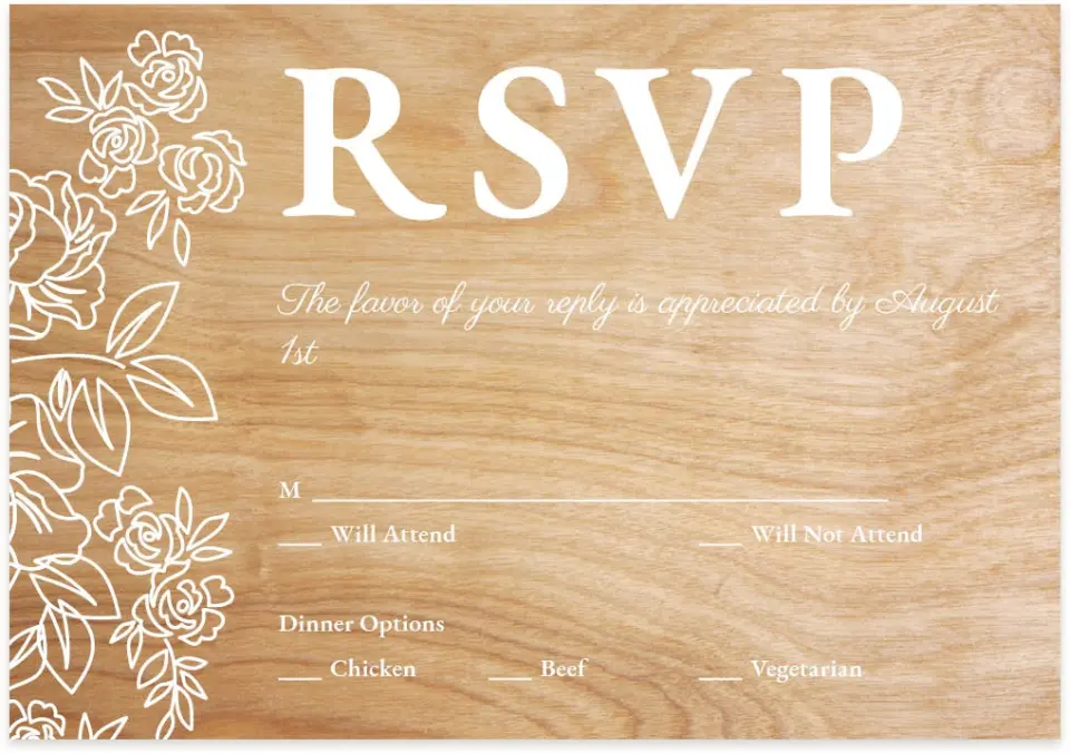 This is a 5" x 3½" Wedding Invitation RSVP Postcard called Rustic Woodgrain printed in full color on Premium Smooth paper