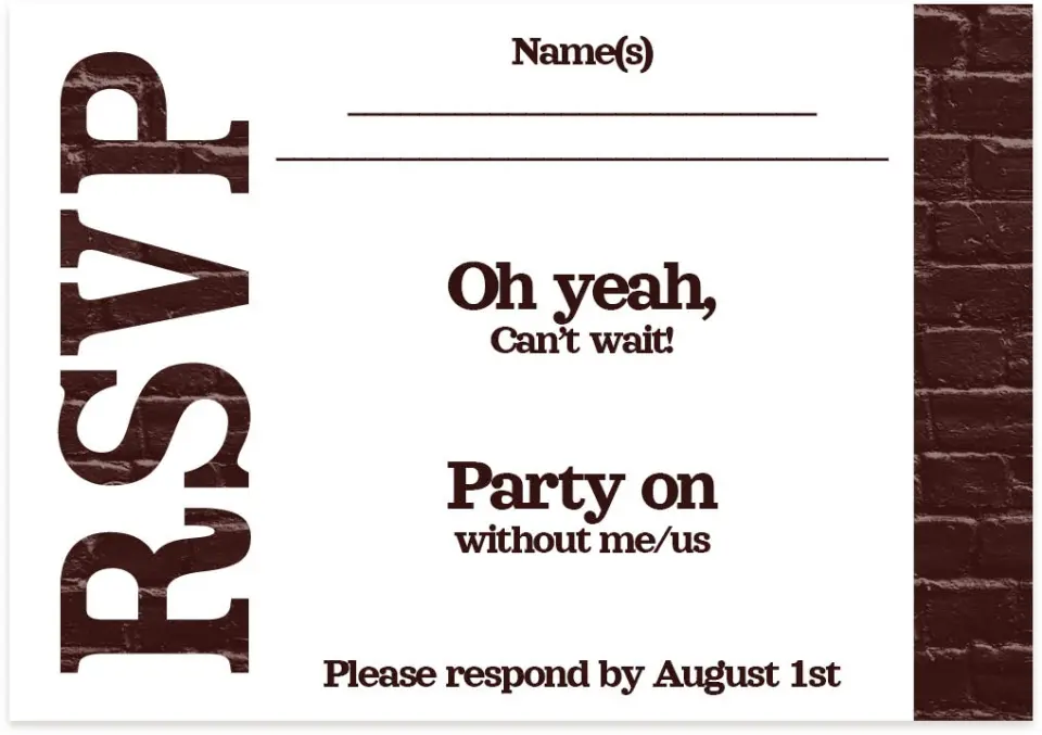 This is a 5" x 3½" Wedding Invitation RSVP Postcard called Brick Yard printed in full color on Premium Smooth paper
