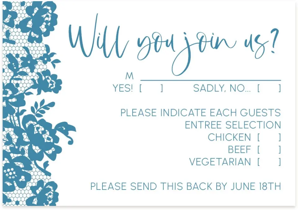 This is a 5" x 3½" Wedding Invitation RSVP Postcard called Modern Lace printed in full color on Premium Smooth paper