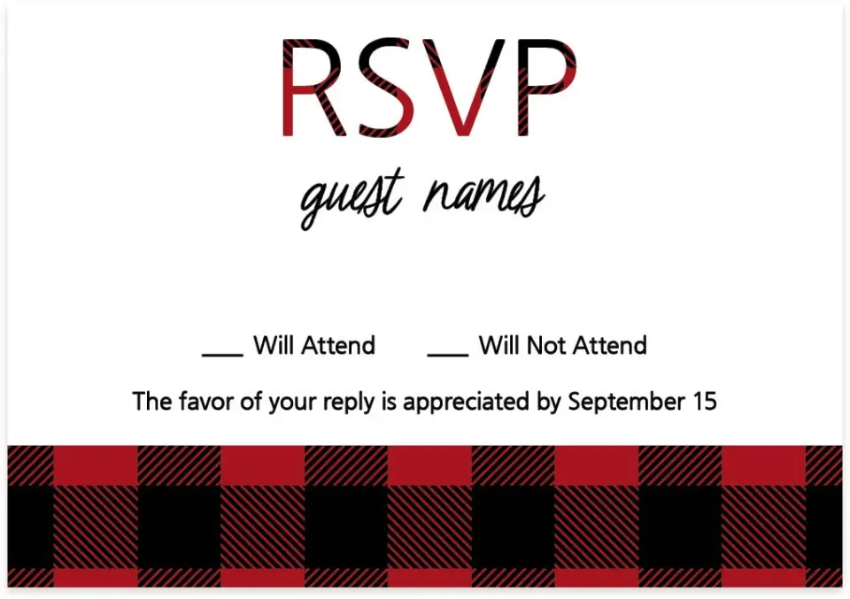This is a 5" x 3½" Wedding Invitation RSVP Postcard called Bold Buffalo Plaid printed in full color on Premium Smooth paper