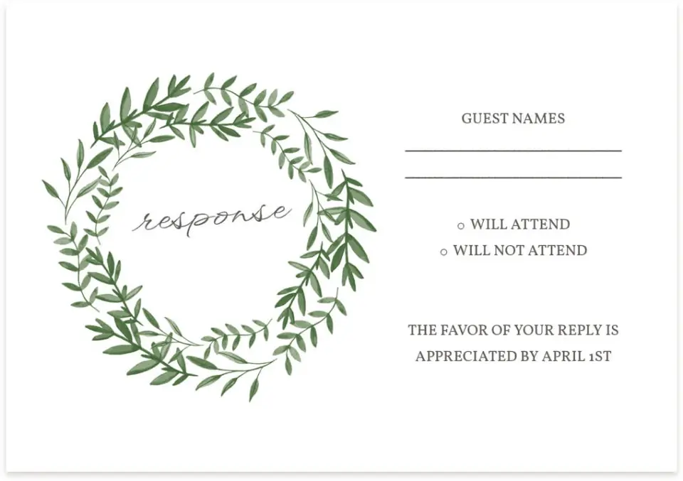 This is a 5" x 3½" Wedding Invitation RSVP Postcard called Watercolor Laurel printed in full color with Silver foil on Luxe Satin (coated) paper