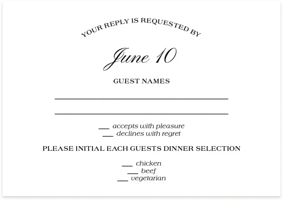 This is a 5" x 3½" Wedding Invitation RSVP Postcard called Formal Statement printed in full color on Premium Smooth paper