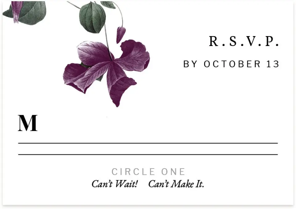 This is a 5" x 3½" Wedding Invitation RSVP Postcard called Garden Laurel printed in full color on Premium Smooth paper