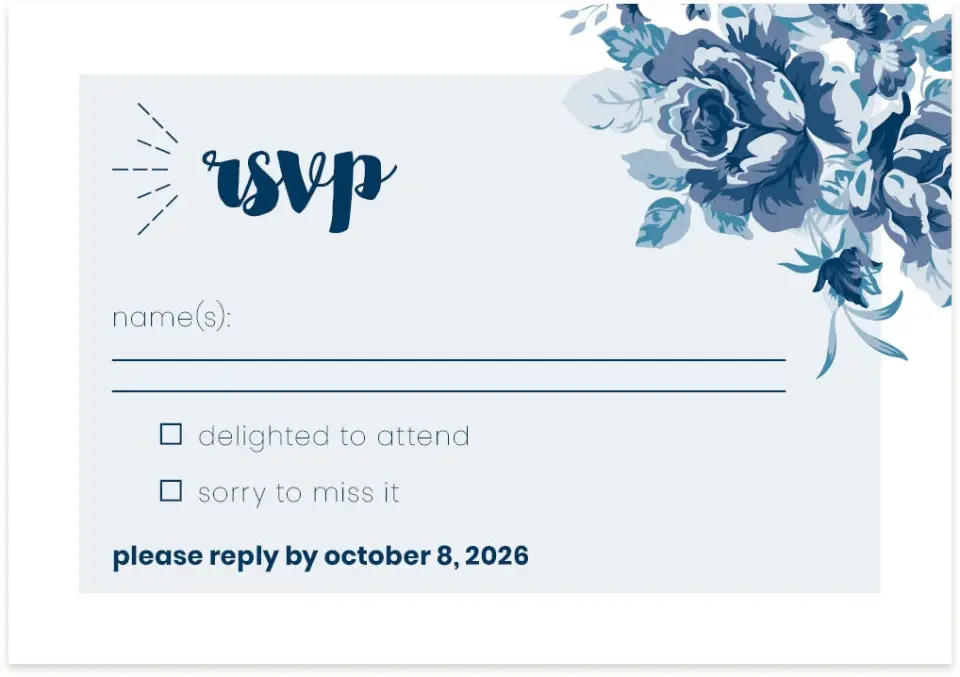 This is a 5" x 3½" Wedding Invitation RSVP Postcard called Winsome Bouquet printed in full color on Premium Smooth paper