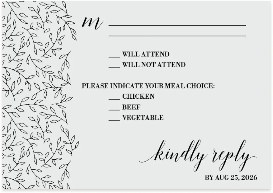 This is a 5" x 3½" Wedding Invitation RSVP Postcard called Naturally Leaves printed in full color on Premium Smooth paper