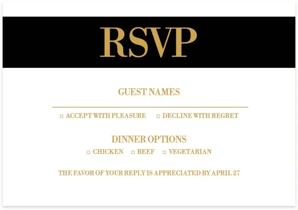 This is a 5" x 3½" Wedding Invitation RSVP Postcard called Black Tie Affair printed in full color on Premium Smooth paper