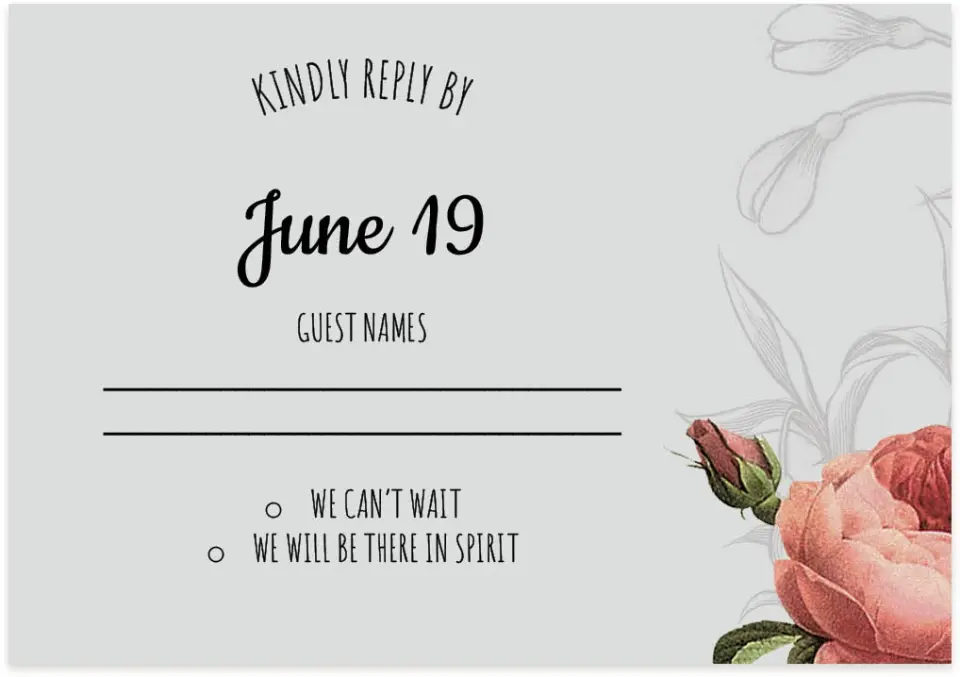 This is a 5" x 3½" Wedding Invitation RSVP Postcard called Midsummer Romance printed in full color on Premium Smooth paper