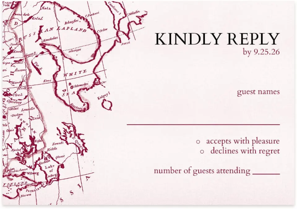 This is a 5" x 3½" Wedding Invitation RSVP Postcard called Vintage Map printed in full color on Premium Smooth paper
