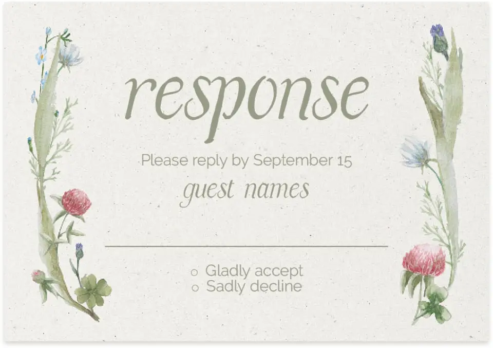 This is a 5" x 3½" Wedding Invitation RSVP Postcard called Delightful Blooms printed in full color on Premium Smooth paper