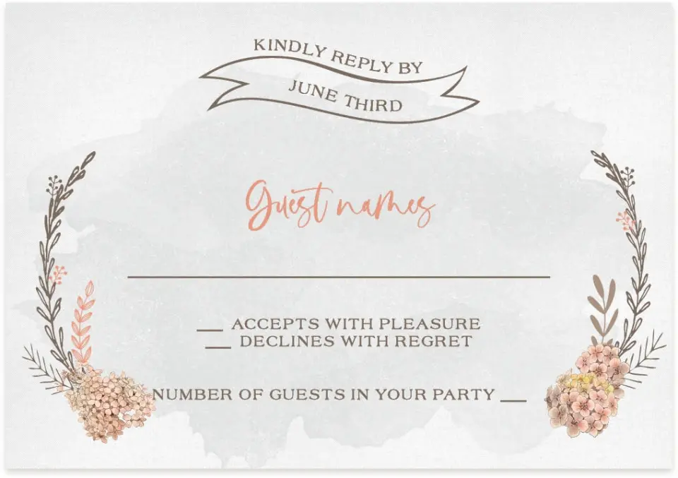 This is a 5" x 3½" Wedding Invitation RSVP Postcard called Delightful Wreath printed in full color on Premium Smooth paper