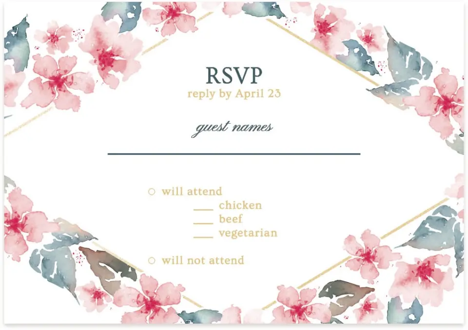 This is a 5" x 3½" Wedding Invitation RSVP Postcard called Blushing Diamond printed in full color on Premium Smooth paper