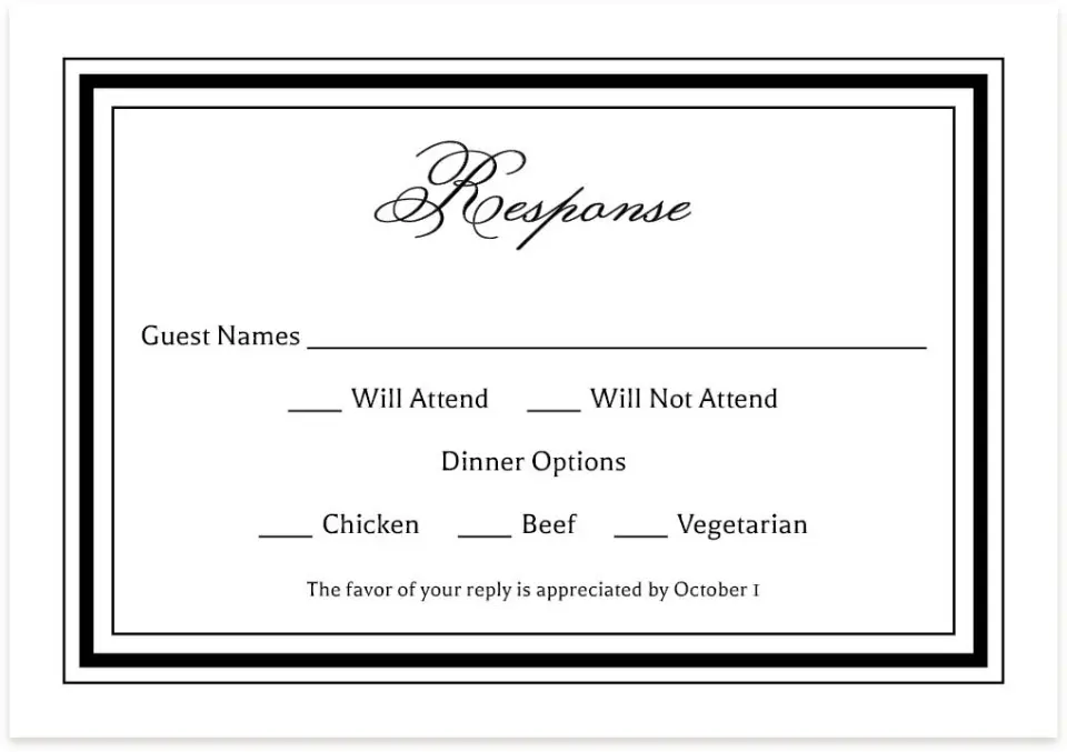 This is a 5" x 3½" Wedding Invitation RSVP Postcard called Foremost Formal printed in full color on Premium Smooth paper