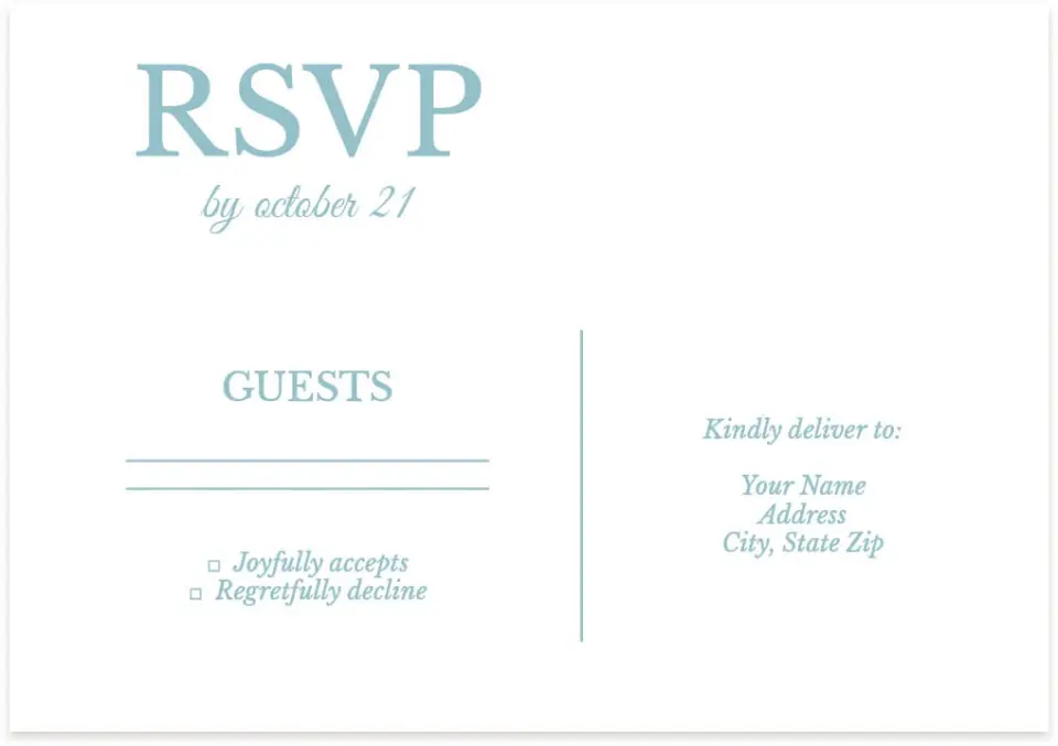 This is a 5" x 3½" Wedding Invitation RSVP Postcard called Blissful Marble printed in full color with Gold foil on Premium Smooth paper