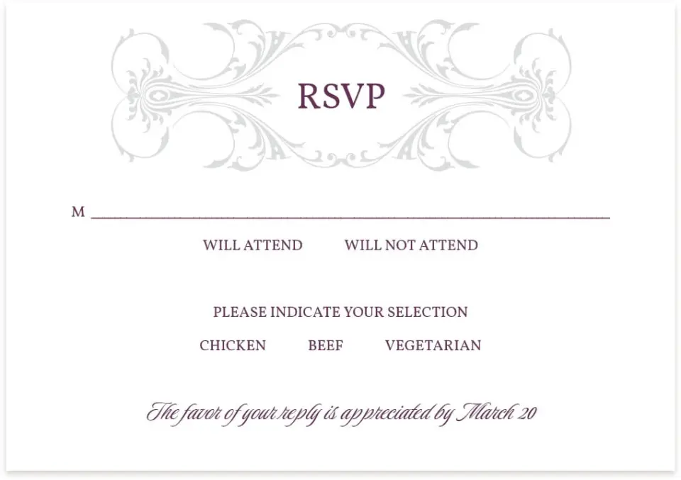 This is a 5" x 3½" Wedding Invitation RSVP Postcard called Stately Vow printed in full color on Premium Smooth paper