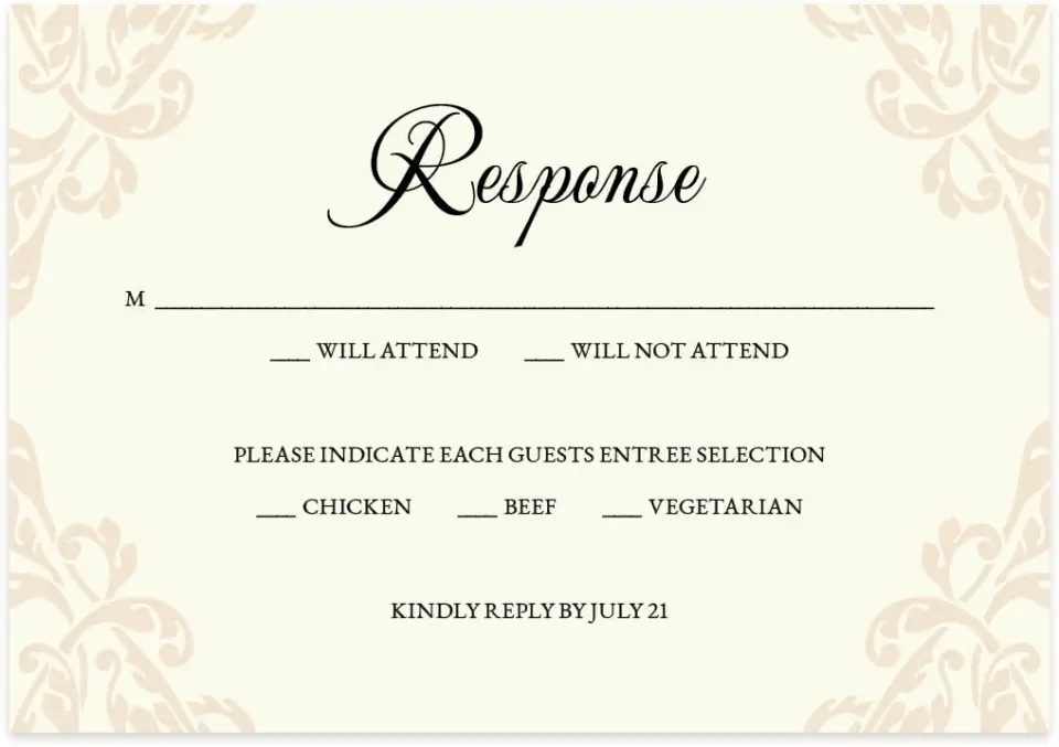 This is a 5" x 3½" Wedding Invitation RSVP Postcard called Gilded Grace printed in full color on Premium Smooth paper