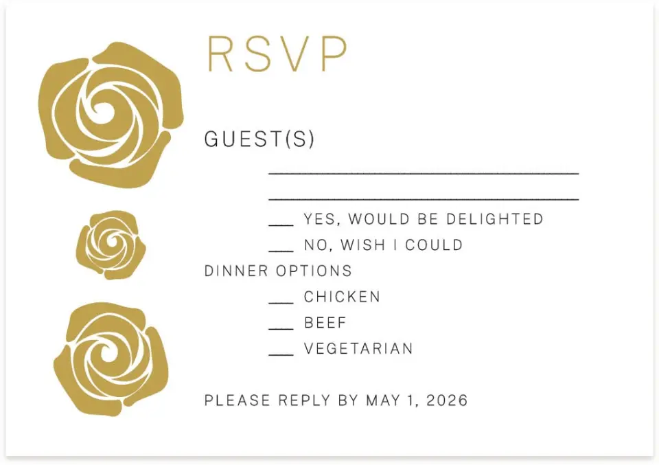 This is a 5" x 3½" Wedding Invitation RSVP Postcard called Ravishing Rose printed in full color on Premium Smooth paper