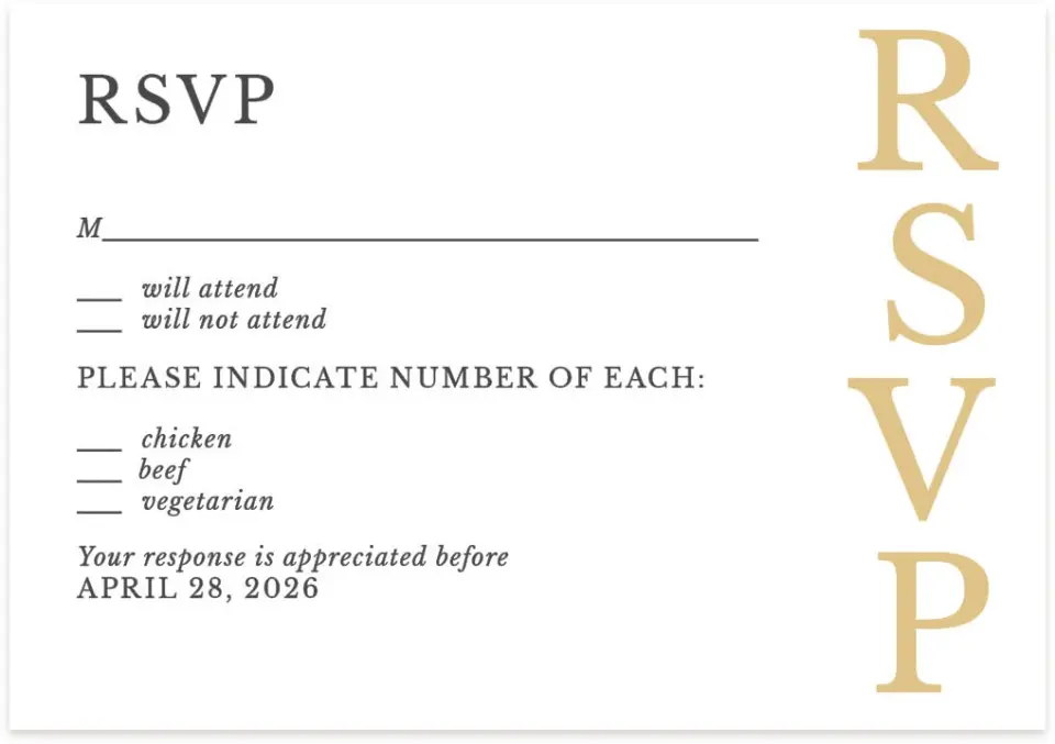 This is a 5" x 3½" Wedding Invitation RSVP Postcard called Sweet Sophisticate printed in full color on Premium Smooth paper