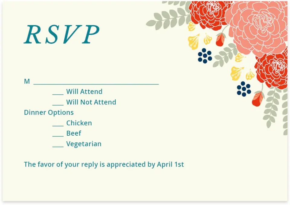 This is a 5" x 3½" Wedding Invitation RSVP Postcard called Botanical Cheer printed in full color on Premium Smooth paper