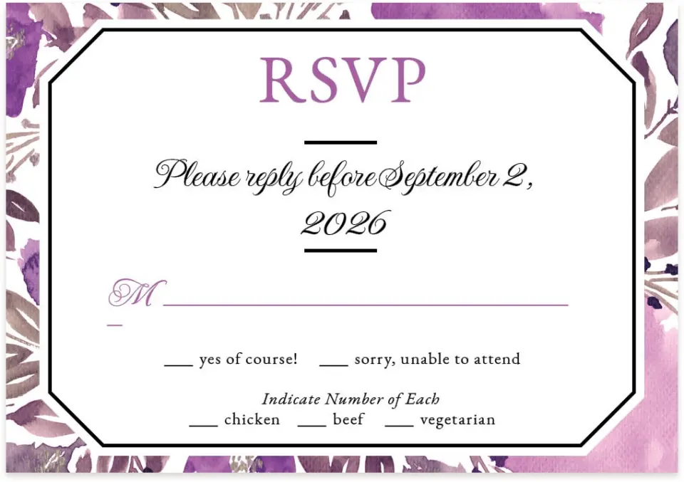 This is a 5" x 3½" Wedding Invitation RSVP Postcard called Violet Watercolor printed in full color on Premium Smooth paper