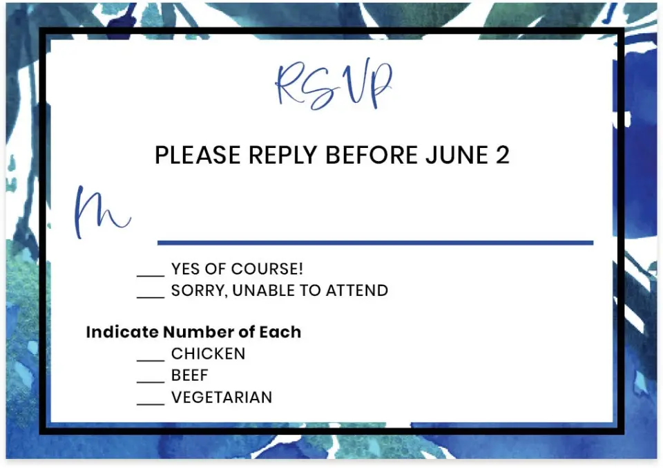 This is a 5" x 3½" Wedding Invitation RSVP Postcard called Blue Blooms printed in full color on Premium Smooth paper