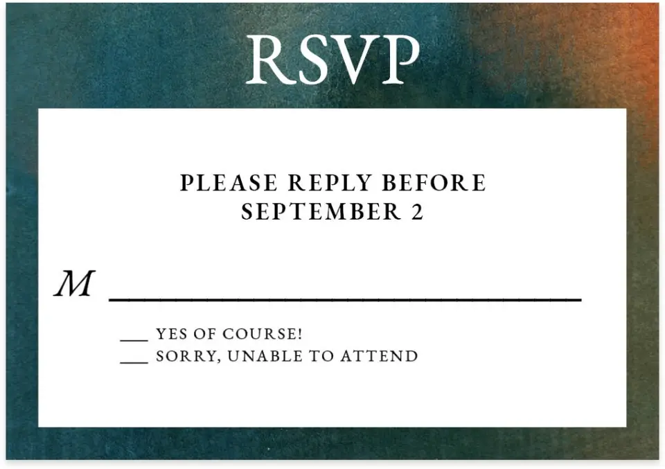 This is a 5" x 3½" Wedding Invitation RSVP Postcard called Inked Elegance printed in full color on Premium Smooth paper